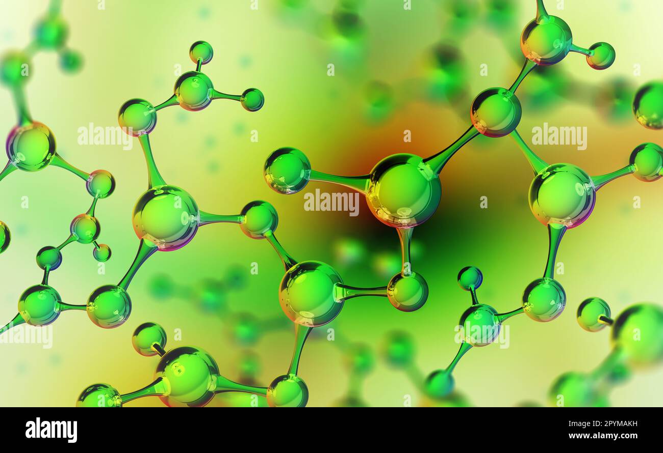 Abstraktes Molekülmodell. Wissenschaftliche Forschung in der Molekularchemie. 3D-Abbildung auf perlgrünem Hintergrund Stockfoto