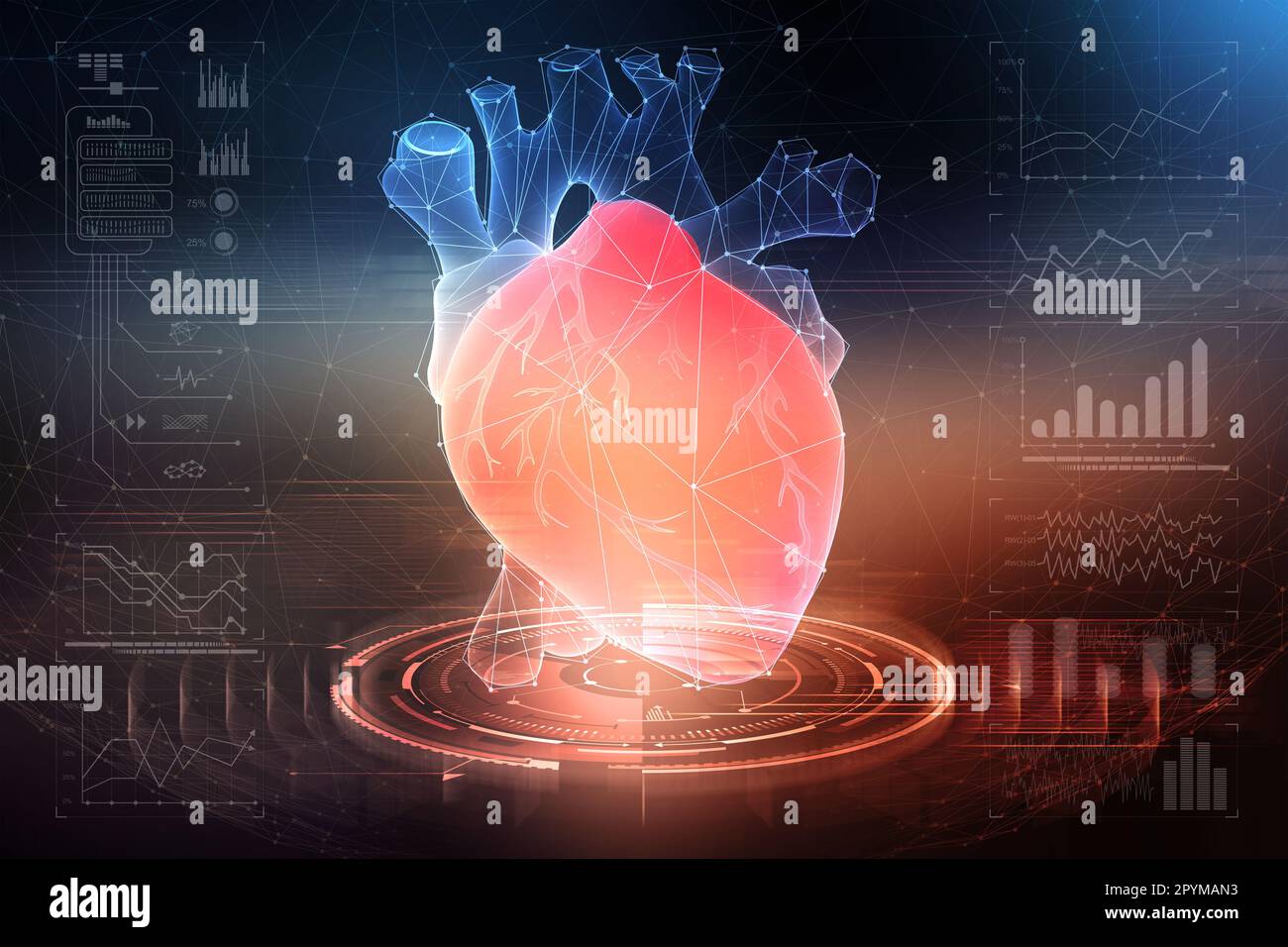 Digitale Technologien in der Medizin und der wissenschaftlichen Forschung des Körpers. Untersuchung des menschlichen Herzens. 3D-Modellierung auf dem Gebiet der Transplantologie der Interna Stockfoto