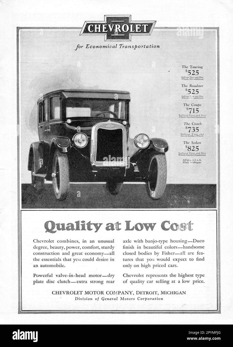 Chevrolet „Quality at low cost“-Antiquitätenwerbung, Postergröße, A3 Stockfoto