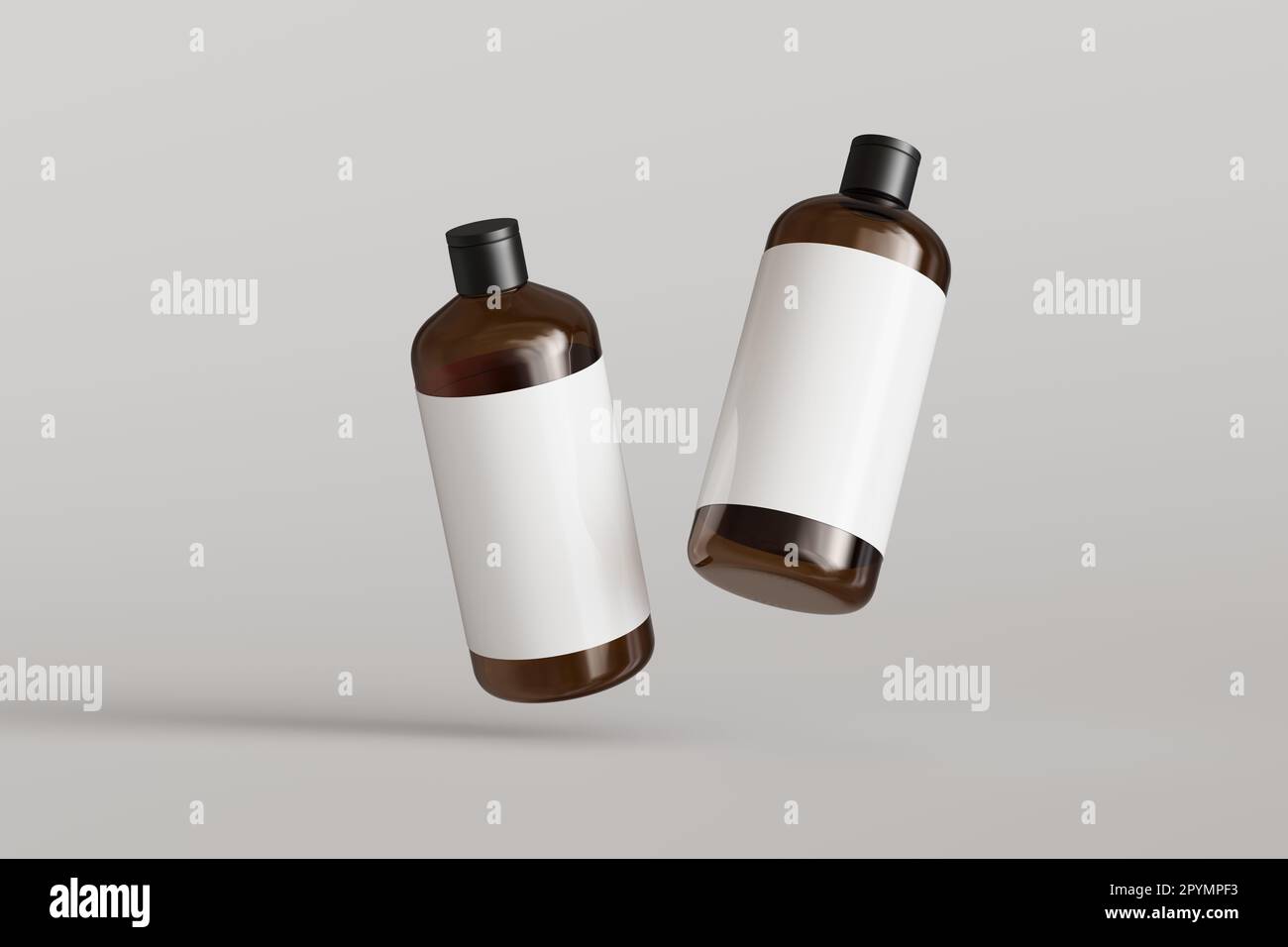 Zwei braune Kosmetikbehälter aus Kunststoff mit Etiketten, Shampooflaschen schweben auf grauem Hintergrund Vorderansicht 3D-Rendermodell Stockfoto