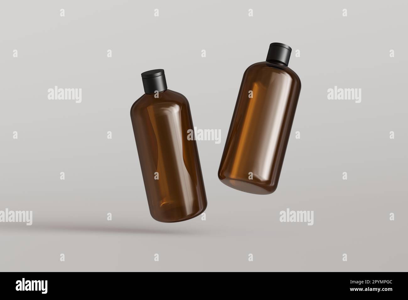 Zwei braune Kunststoffbehälter für Kosmetikartikel, Shampooflaschen schwebend auf grauem Hintergrund Vorderansicht 3D-Modell rendern Stockfoto