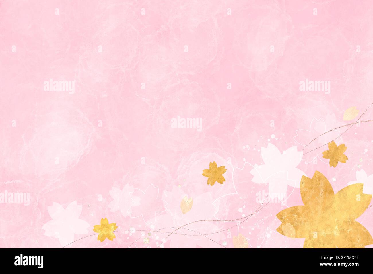 Süßer pinkfarbener Hintergrund im japanischen Stil für den Frühling. Kirschblütenmuster und goldene Konfetti. Natürliche Vorlage mit Textbereich. Japanischer Papierstr Stockfoto