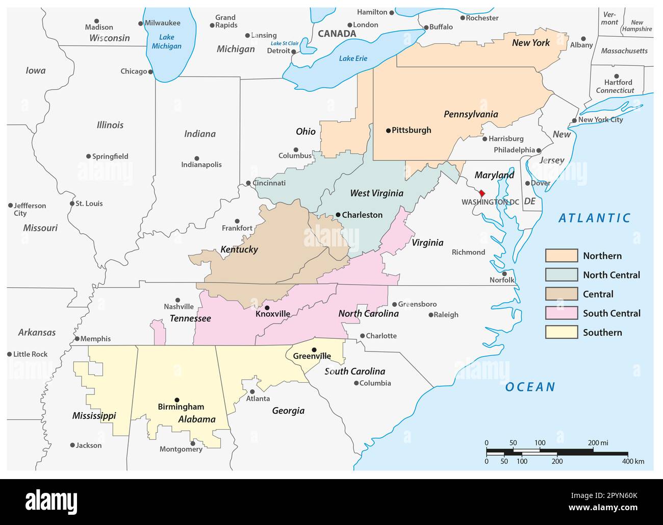 Die Verwaltungskarte der Appalachia-Region im Osten der Vereinigten Staaten Stockfoto