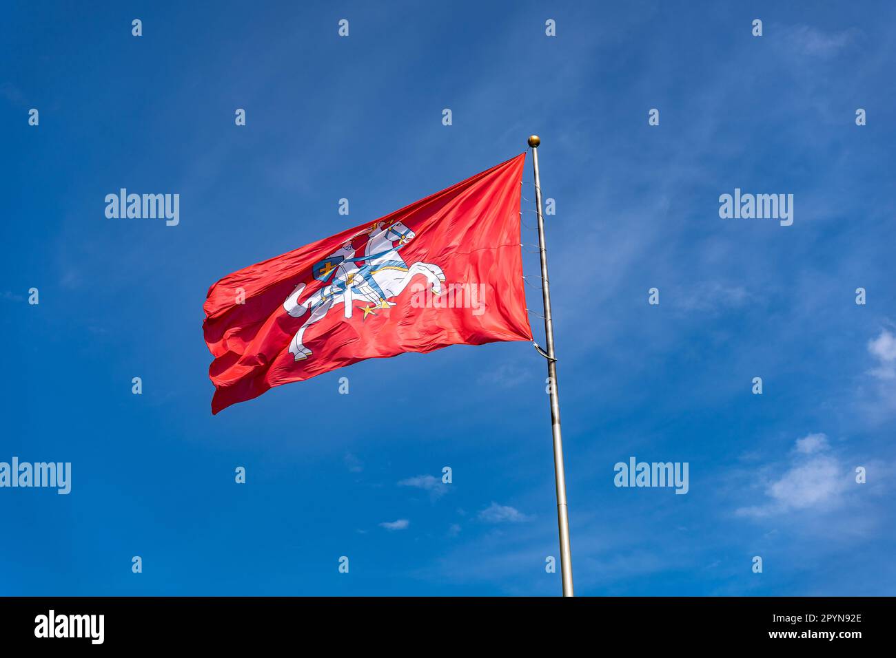 Das Wappen Litauens. Staatsflagge litauens. Ritter auf einem Pferd auf rotem Hintergrund am blauen Himmel Stockfoto