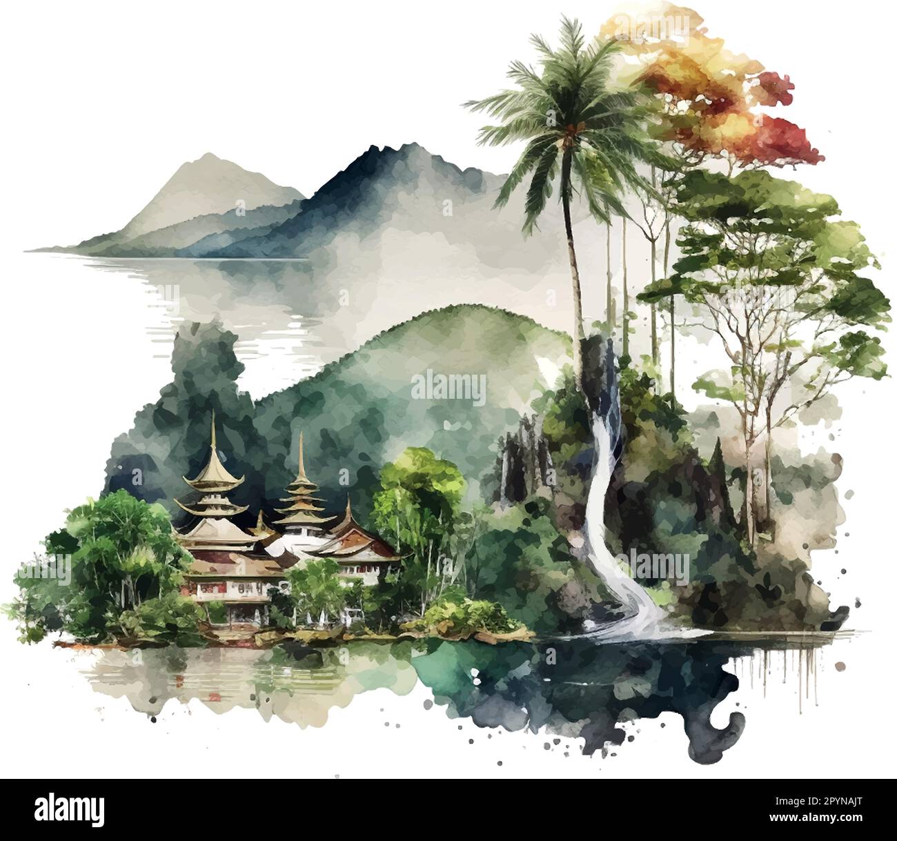 Grüne Landschaft thailand Aquarell weißer Hintergrund für Tapetendesign. Sommerferien. Reisehintergrund. Blauer Hintergrund. Sommerlandschaft Stock Vektor