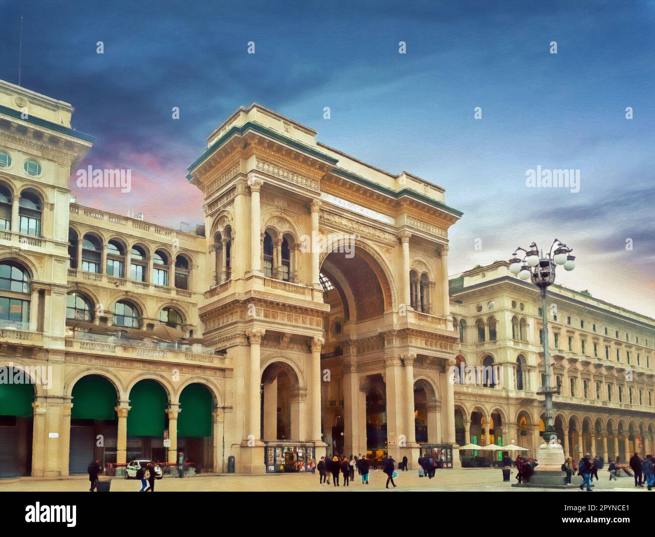 Lebhaftes Ölgemälde mit dem monumentalen Eingang der Galerie Victor Emanuel II in Rom, Italien Stockfoto