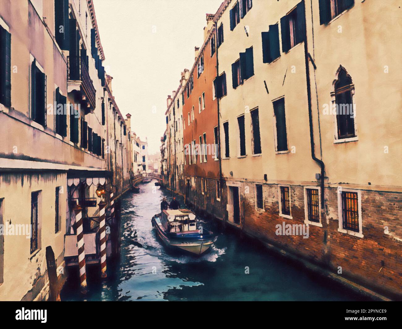 Eine Illustration eines Kanals in Venedig mit einem Boot im Ölgemälde-Stil Stockfoto