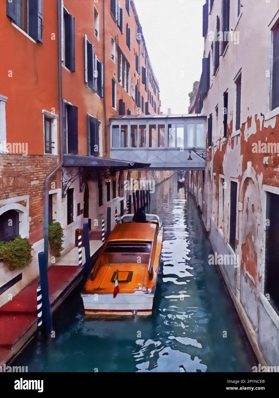 Dieses Stockfoto zeigt ein Ölgemälde, das einen wunderschönen Kanal in Venedig, Italien, illustriert Stockfoto