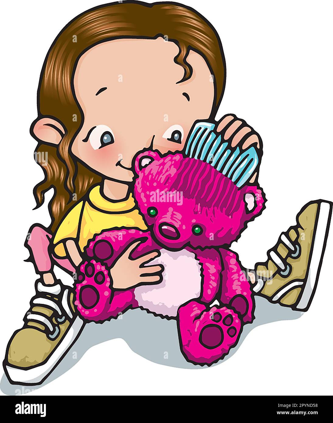 Kunst, junges Mädchen, 5-7, kämmt das Fell ihres rosa Teddybären, pädagogisches Spiel, Lernen durch Spiel, Erziehung, Kinderspielzeug, Mädchenspielzeug. Stockfoto