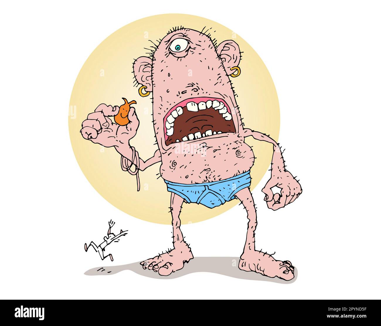 Lustige Kunst eines einäugigen Zyklop-Monsters, das blaue Y-Fronten trägt, einen Weltraumhopper in der Hand hält, der Mann, der darauf reitet, läuft davon, Zeichentrickfilm-Illustration Stockfoto