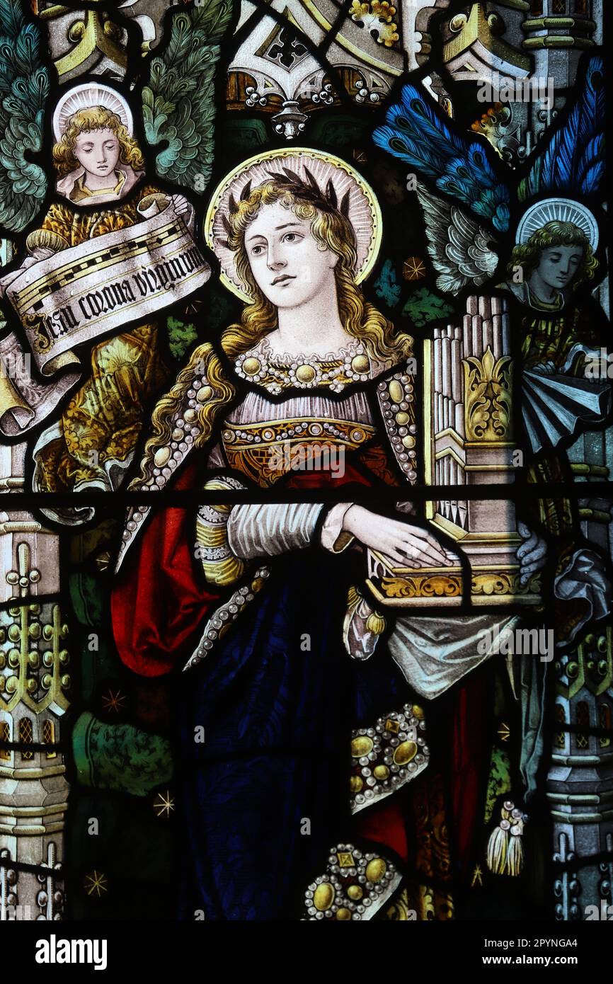 Buntglasfenster von Percy Bacon & Brothers, das die Heilige Cecilia, die Marienkirche, Stannington, Northumberland darstellt Stockfoto