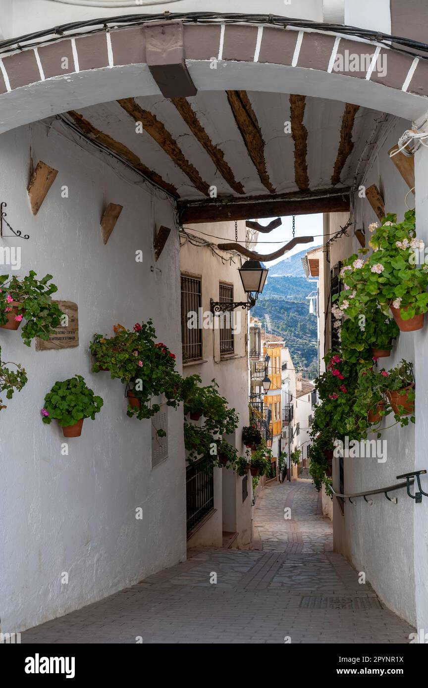 Eine typische enge Fußgängerzone von Castril, Granada (Spanien) mit Blumentöpfen an den Seiten Stockfoto