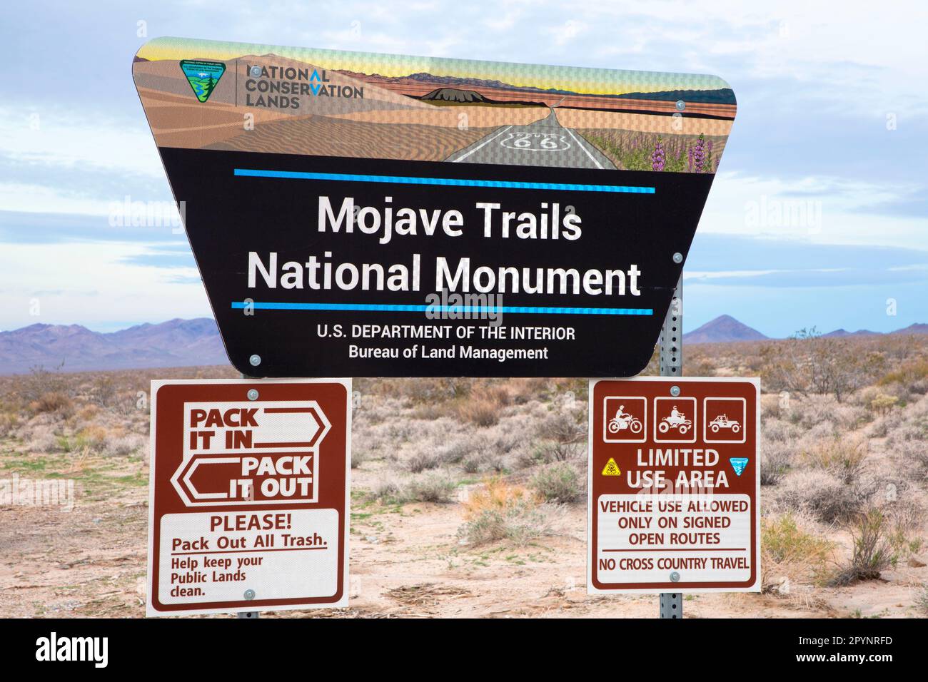 Monument-Schild, Mojave Trails National Monument, Kalifornien Stockfoto