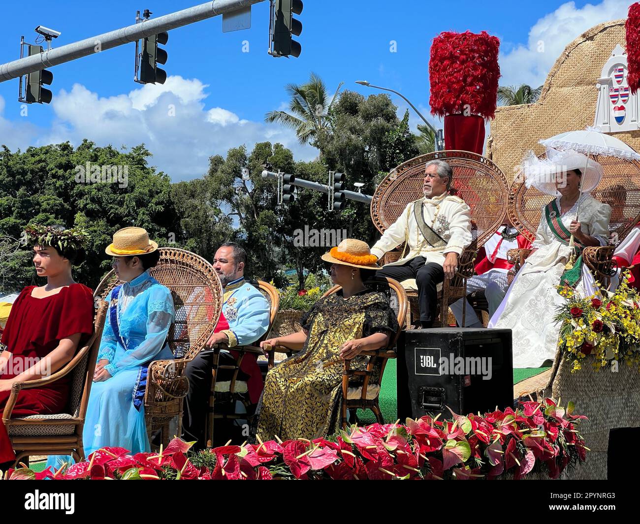 König und Königin von Hawaii bei der Merrie Monarch Parade in Hilo auf Hawaii Stockfoto