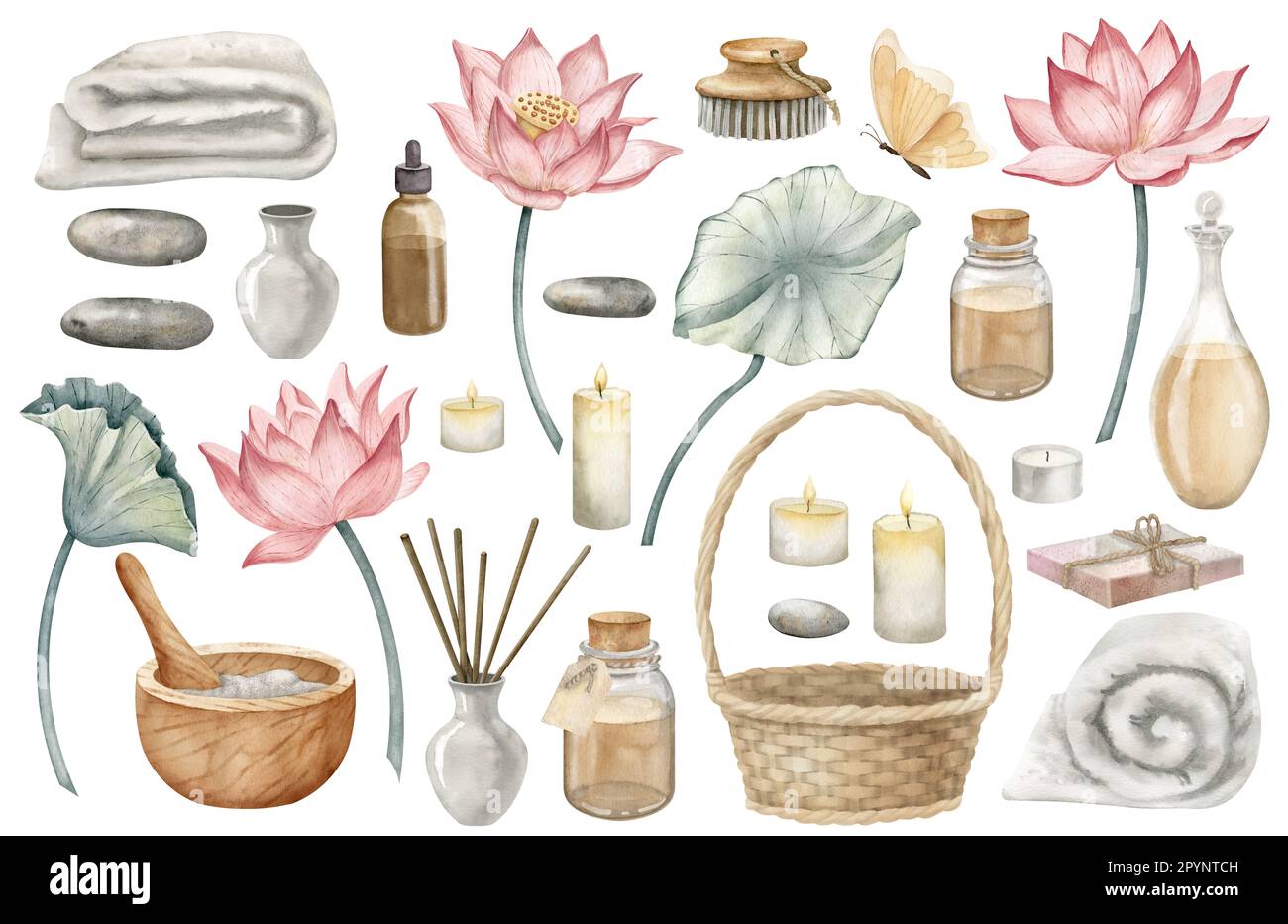 Spa-Set in Aquarellfarben. Handgezeichnete Illustration von Lotusblumen, Retro-Flacons, Badetüchern und Öko-Kosmetika auf einem isolierten weißen Hintergrund für Aromatherapie-Design. Zeichnen von Entspannungs-Natur-Clip-Kunst. Stockfoto