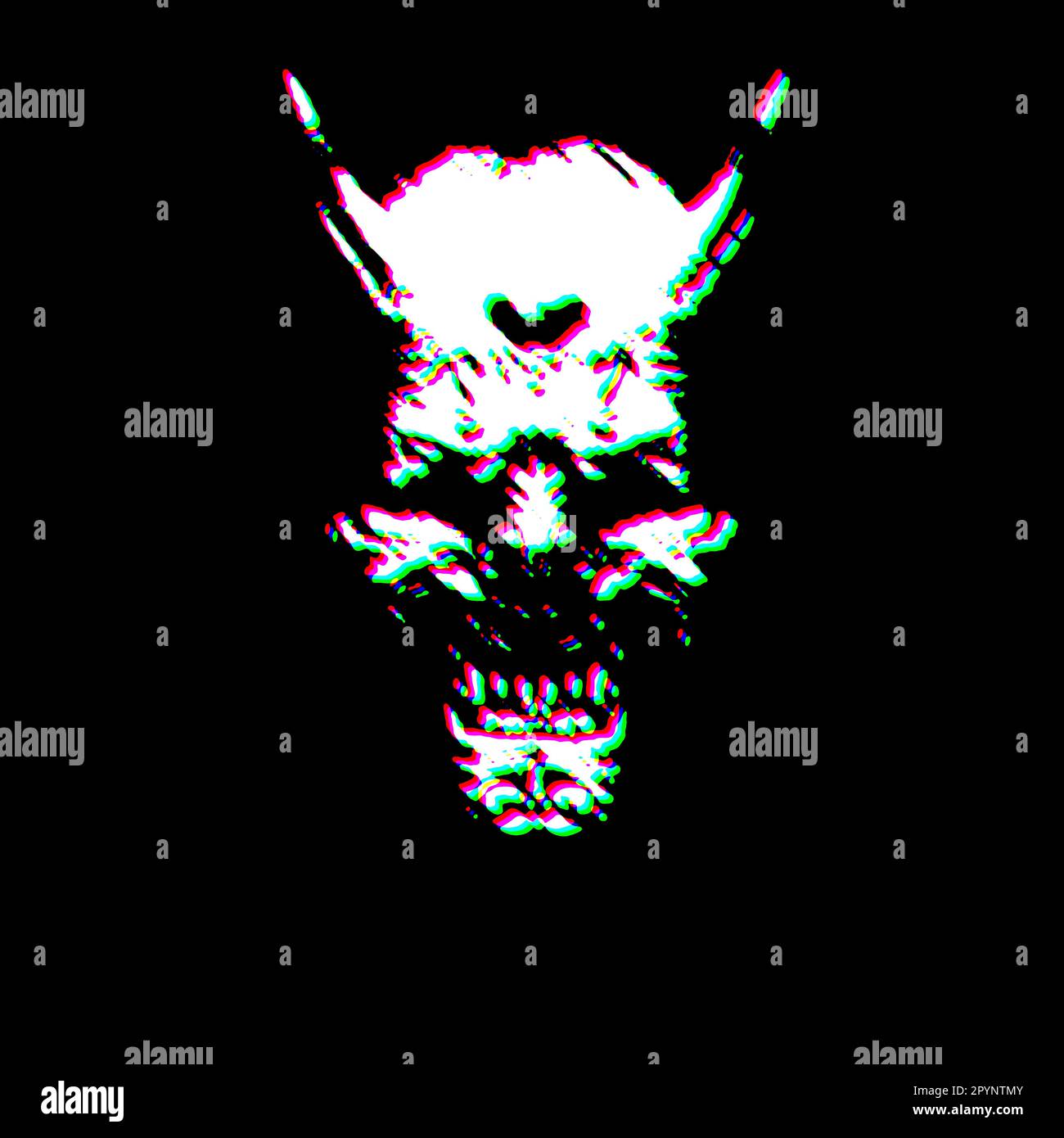 Weiß Schwarz Japanisch Teufelsmaske Groll zerkratzt Dirty Punk Druck Kultursymbol Form Grafik Rot Grün Illustration Stockfoto