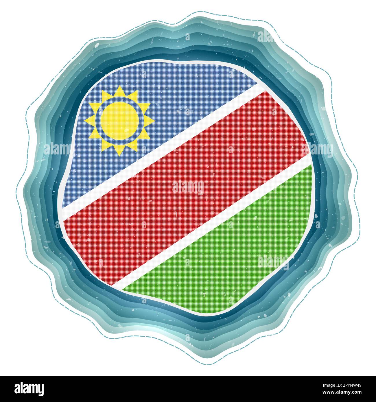 Namibia-Flagge im Rahmen. Abzeichen des Landes. Mehrschichtiges kreisförmiges Schild um die Flagge Namibias. Lebendige Vektor-Illustration. Stock Vektor