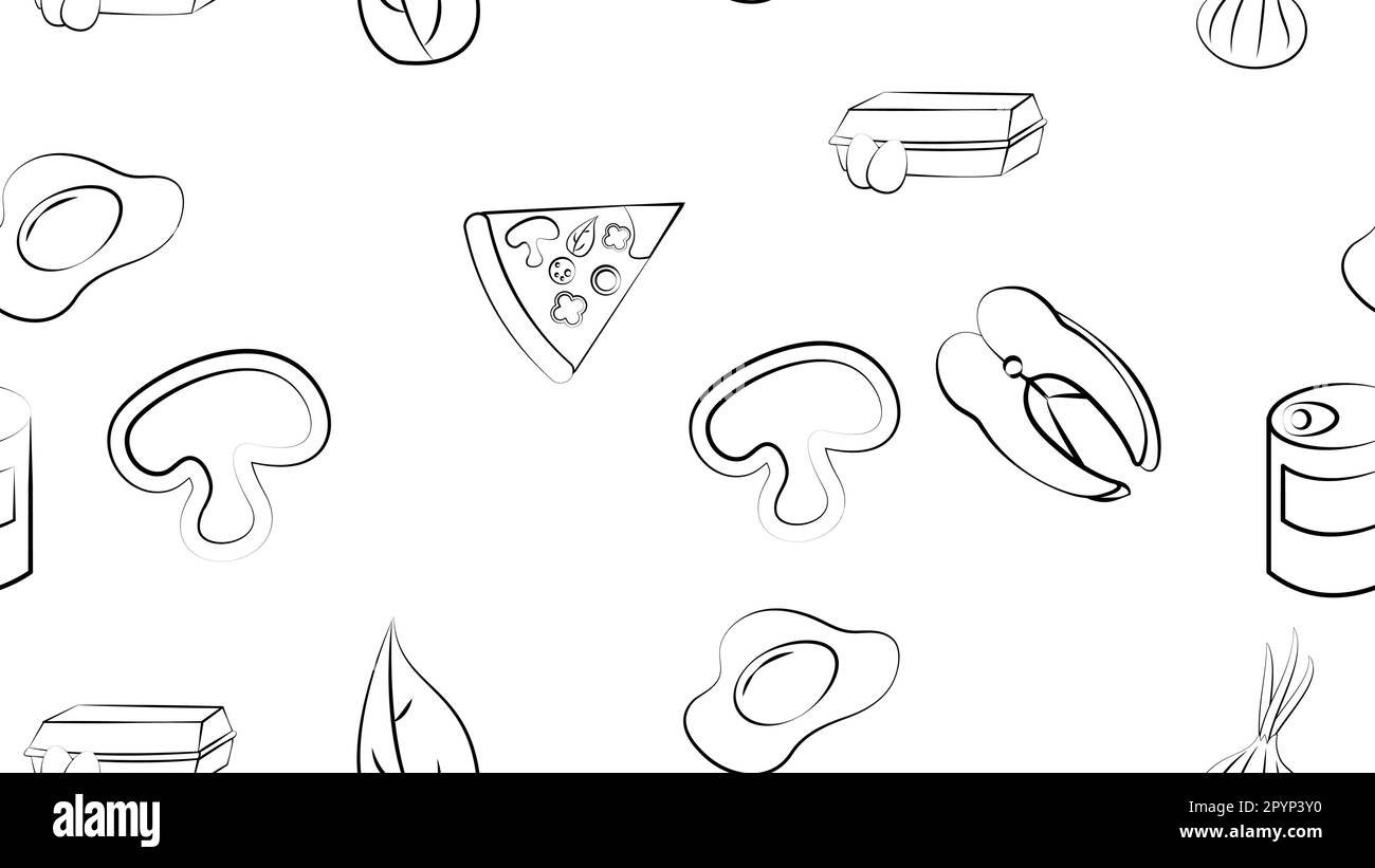 Schwarz-Weiß endlose nahtlose Muster von Speisen und Snacks Ikonen für das Restaurant Bar Cafe: Ei, Pilze, Fisch, Dosenfutter, Zwiebeln, Pizza, gr Stock Vektor