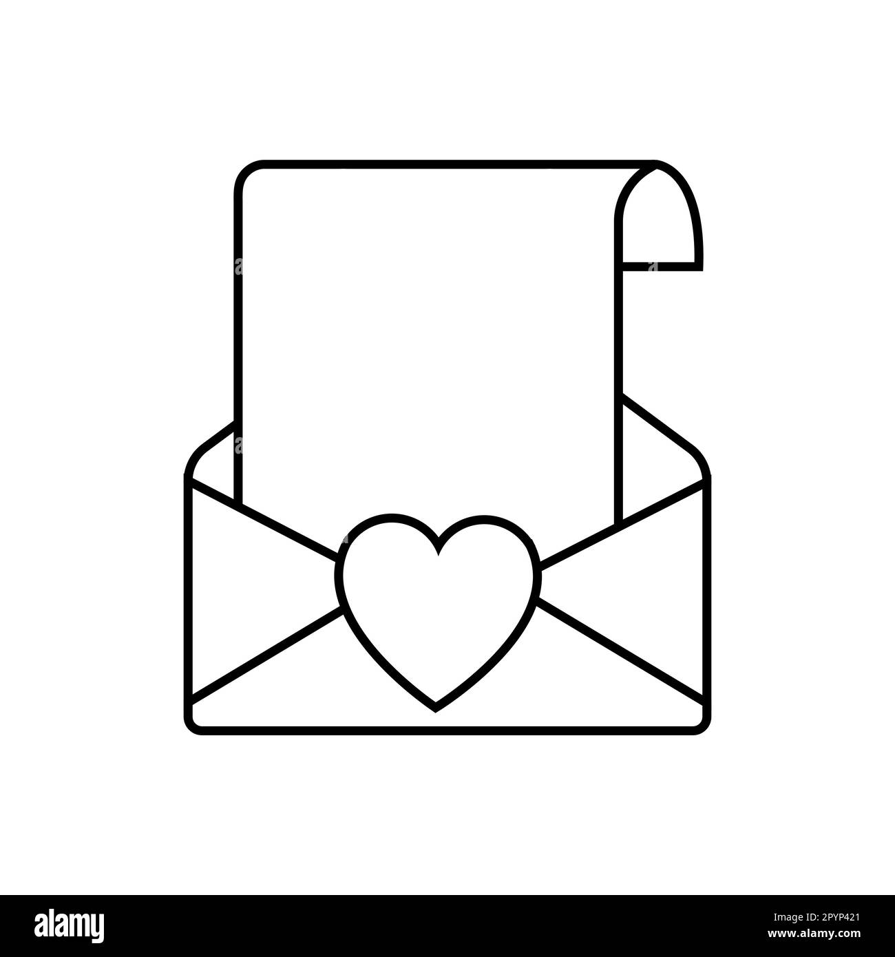 Schwarz-weiß, linear, einfaches Symbol wunderschöne Buchstaben in einem Umschlag mit Herz für den Liebesfeiertag am Valentinstag oder 8. März. Vektor illustr Stock Vektor