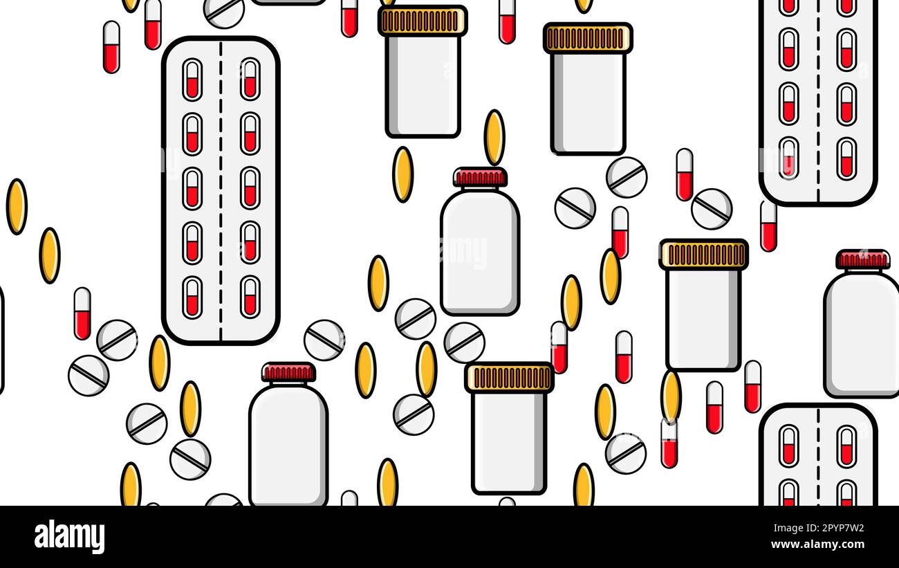 Nahtlose Muster Textur von endlosen Tabletten für sich wiederholende Medizin Pillen Dragee Kapseln zeichnet Dosen von Packungen mit Medikamenten Vitamine Drogen auf einem weißen B auf Stock Vektor