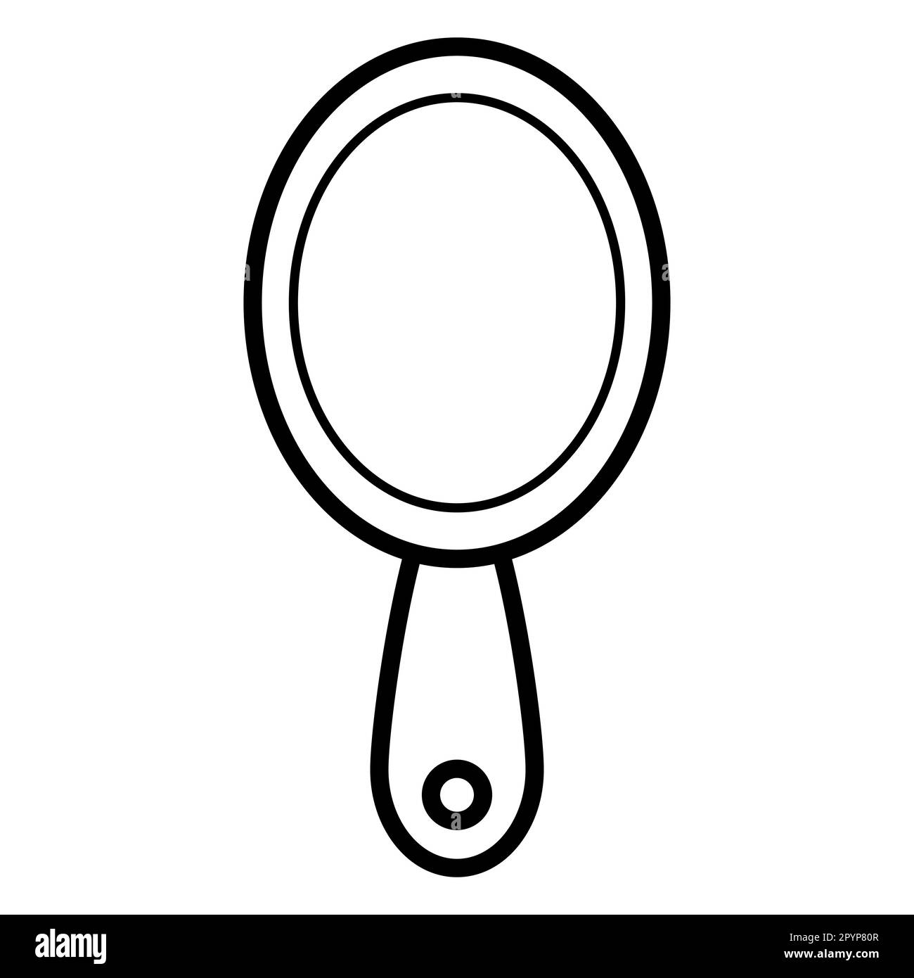 Schwarz-weiß einfaches lineares Symbol eines trendigen, glamourösen ovalen Spiegels zum Auftragen von Make-up mit einem Griff zur Schönheitskontrolle. Vektordarstellung. Stock Vektor