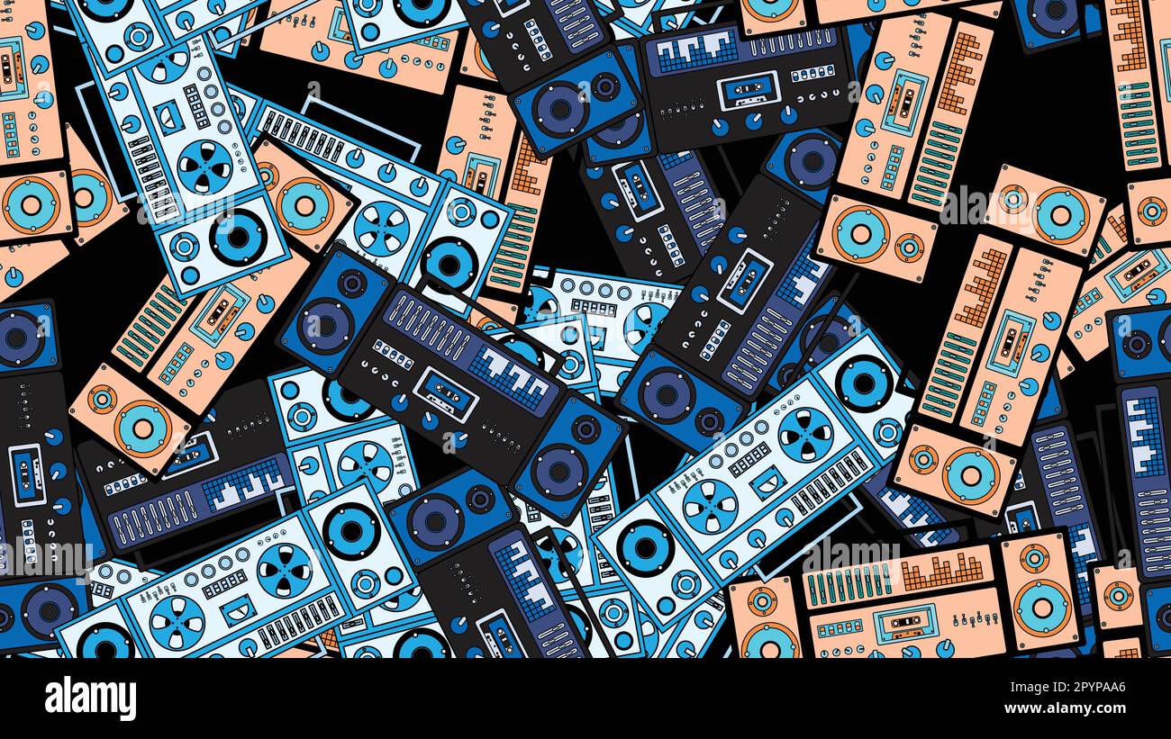 Nahtloses Muster endlos mit Musik-Audiokassette Alte Retro-Kassettenrekorder Hipster aus den Jahren 70s, 80s und 90s isoliert auf blauem Hintergrund. Vektor krank Stock Vektor