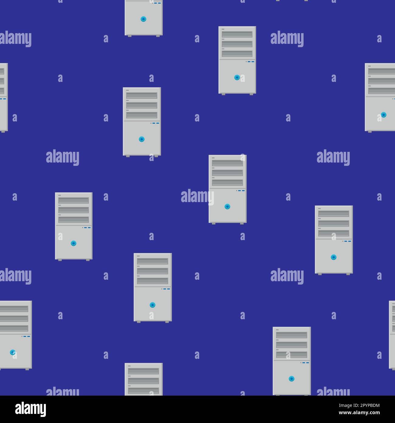 Nahtloses Muster, Struktur moderner, leistungsstarker, rechteckiger digitaler Systemblöcke für einen stationären Computer, Technologie isoliert auf blauem Hintergrund. Stock Vektor