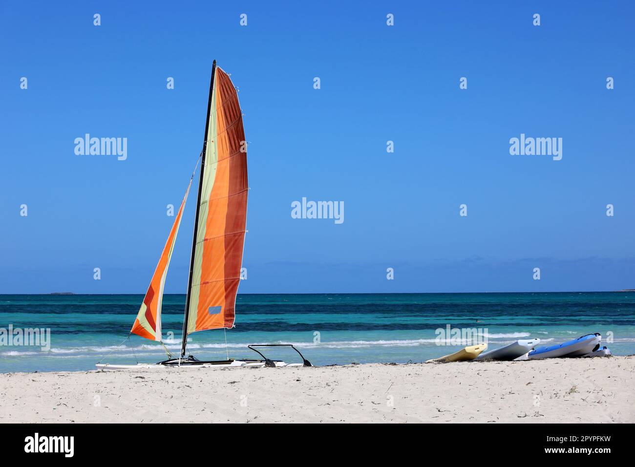 Katamaran-Segelboot auf einem Sand auf blauem Meereshintergrund. Wassersport am Sommerstrand Stockfoto
