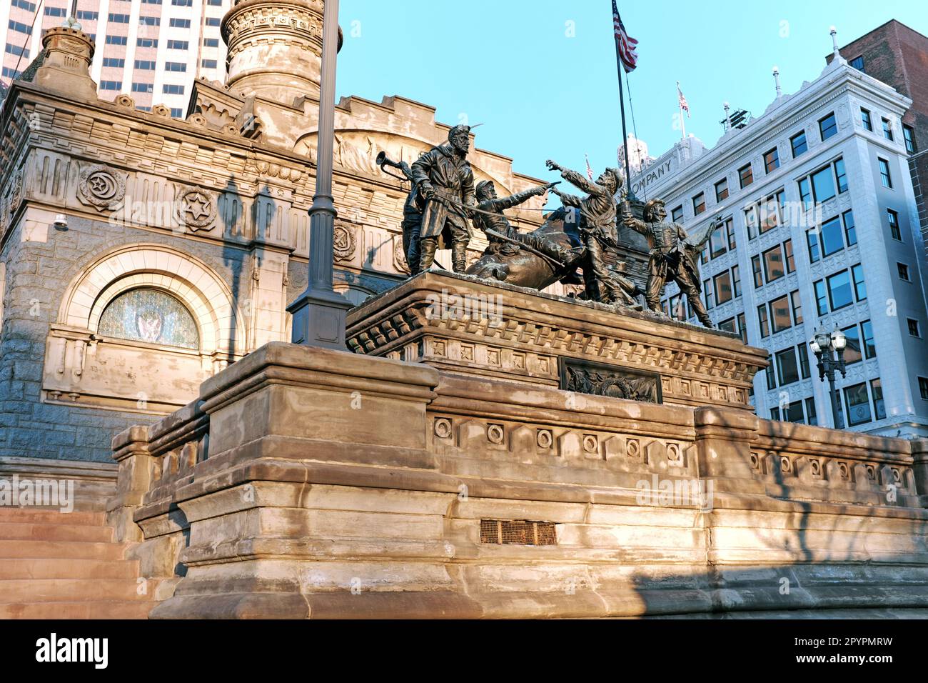 Soldiers and Sailors Monument, ein Denkmal des Bürgerkriegs zu Ehren der Kriegskämpfer, am Public Square in Cleveland, Ohio, USA. Stockfoto