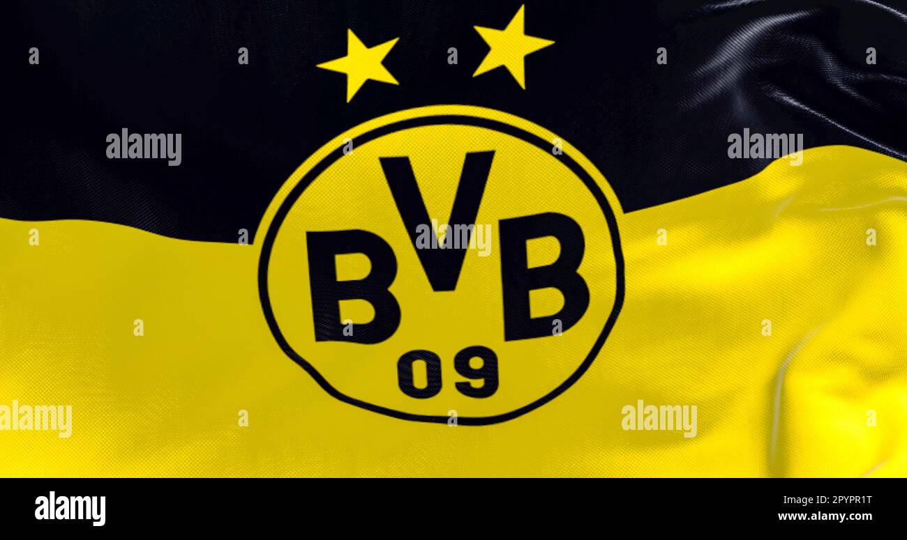 Dortmund, DE, März 2023: Flagge von Borussia Dortmund, die im Wind winkt. Borussia Dortmund ist ein deutscher Profisportverein mit Sitz in Dortmund. Illu Stockfoto