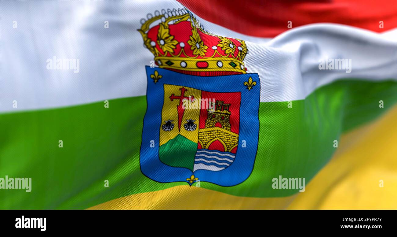 Detail der La Rioja-Fahne. Autonome Gemeinschaft Spaniens. Rote, weiße, grüne und gelbe Bänder mit Wappen. Rendern der 3D-Darstellung. Selektiv Stockfoto