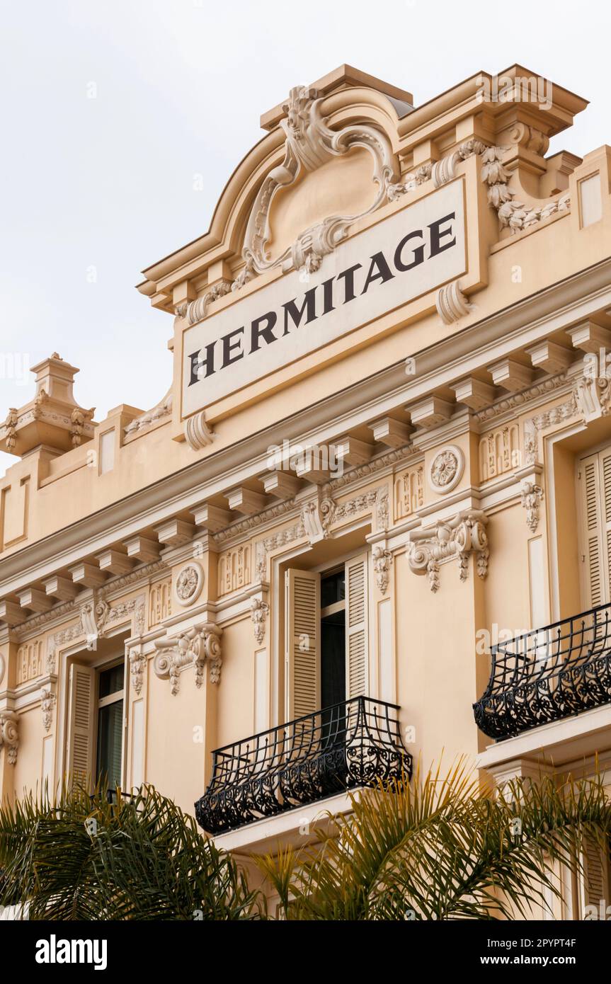 Monte Carlo, Monaco, Detail, Front, Fassade, Gebäude, Luxury Hotel Hermitage, Nahaufnahme, Schild, Logo Stockfoto