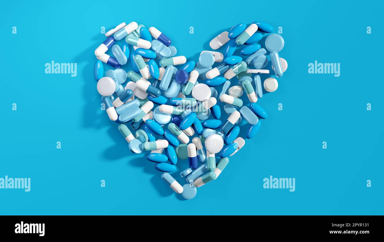 Verschiedene Gesundheitspillen und Tabletten, die die Form eines Herzens bilden. Medizinische und Wohlbefinden 3D Illustration Stockfoto
