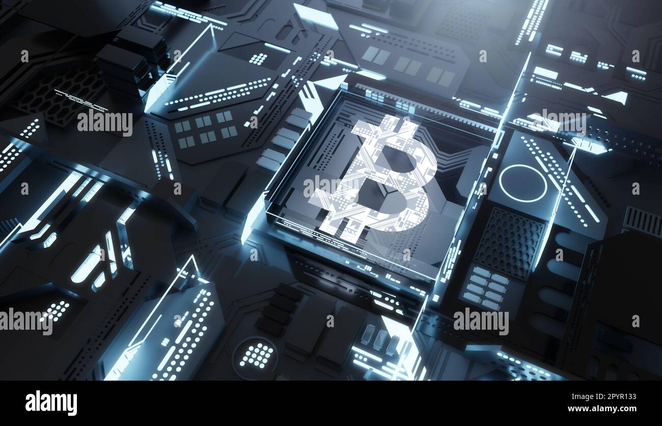 Bitcoin- und Kryptowährungstechnologie - digitaler Geldhintergrund. 3D Abbildung Stockfoto