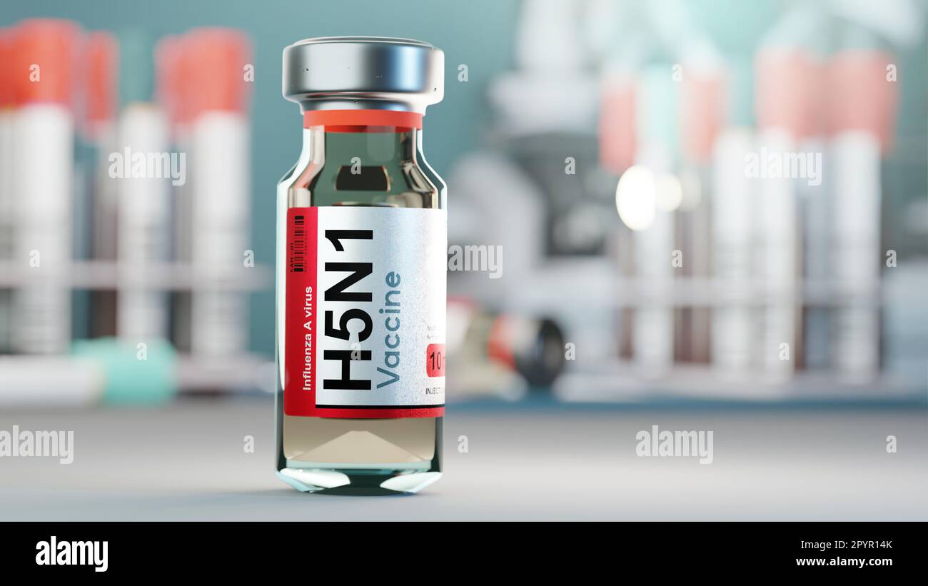 Konzept einer Glasflasche des H5N1-Influenzavirus. Medizinische Forschung und Entwicklung 3D Illustration. Stockfoto