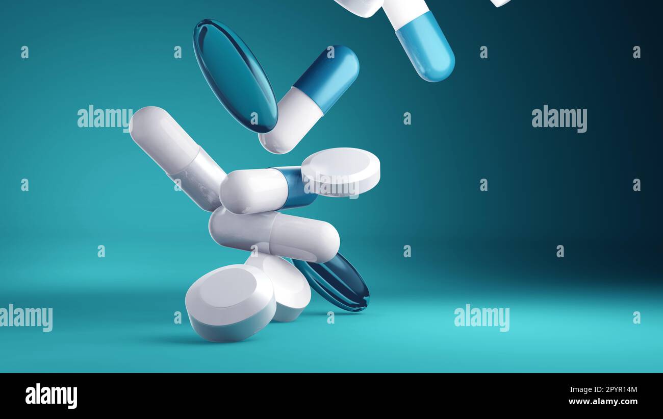 Nahaufnahme von medizinischen Pillen und Tabletten im Gesundheitswesen. 3D Abbildung. Stockfoto