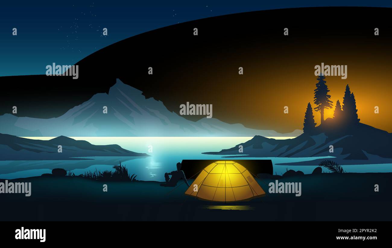 Eine ruhige und friedliche Berg- und Seenlandschaft mit einem Mann und einem aufgestellten Zelt, das campen und die Aussicht genießen. Vektordarstellung. Stock Vektor