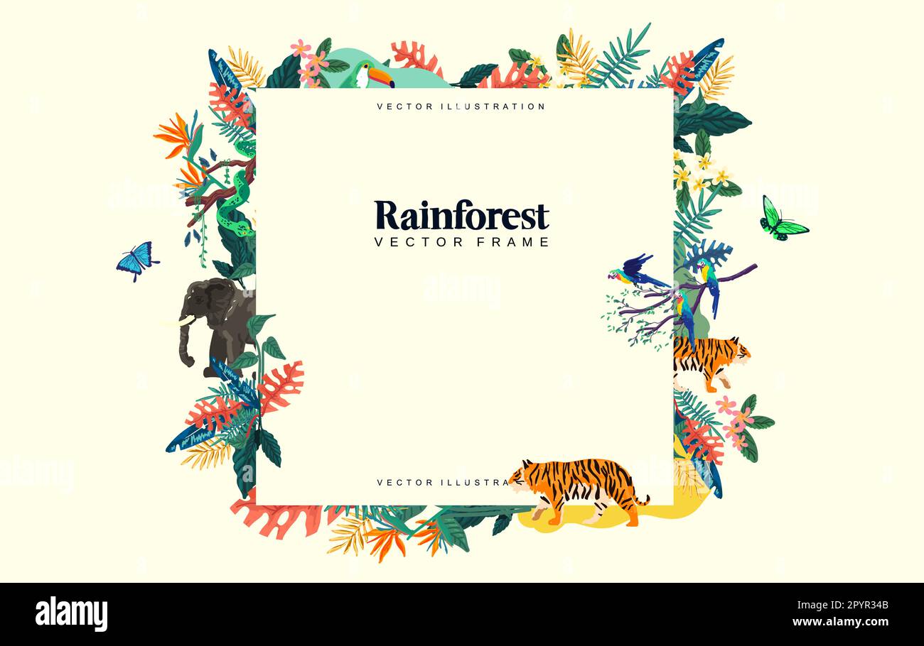 Ein wilder dekorativer Rahmen aus Regenwald mit Tieren und botanischen Pflanzen. Layout der Vektordarstellung Stock Vektor