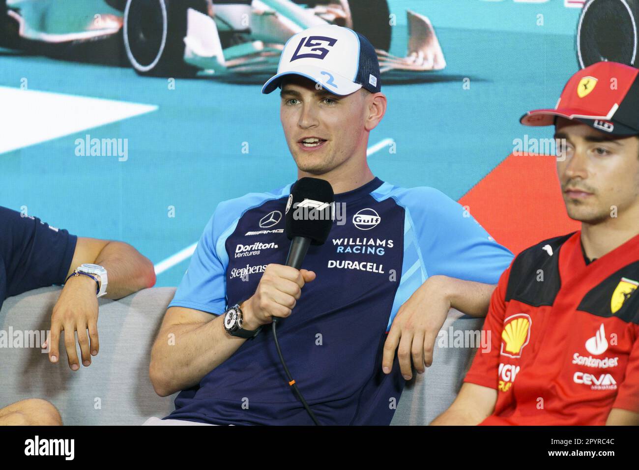 Miami Gardens, Usa. 04. Mai 2023. Der amerikanische Formel-1-Fahrer Logan SarSergeant von Williams Racing beantwortet eine Frage auf einer Pressekonferenz im Formel-1-Grand Prix​ von Miami am Miami International Autodrome in Miami Gardens, Florida, am 4. Mai 2023. Foto: Greg Nash/UPI Credit: UPI/Alamy Live News Stockfoto