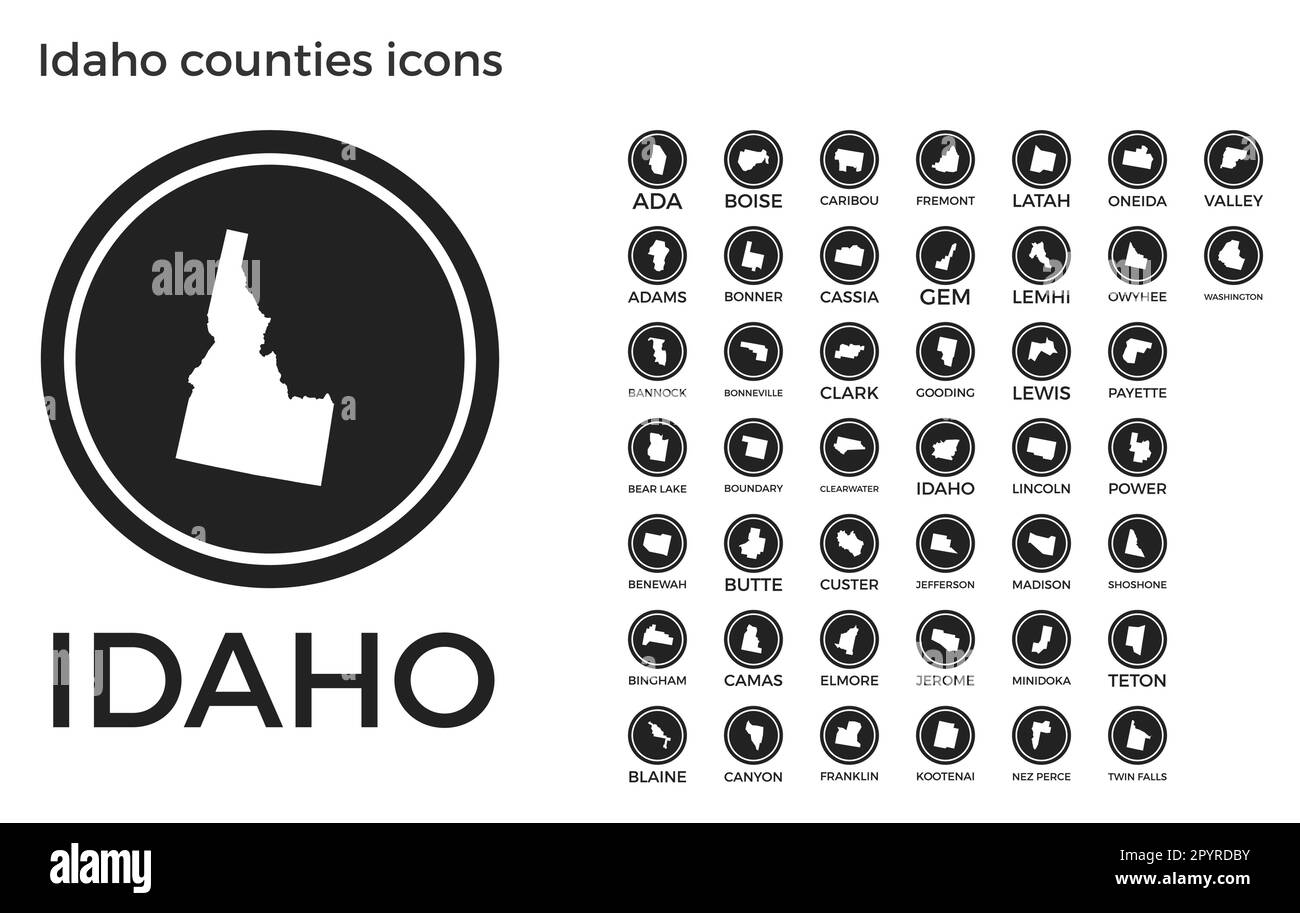 Idaho County Ikonen. Schwarze runde Logos mit Karten und Titeln der US-Bundesstaaten. Vektordarstellung. Stock Vektor