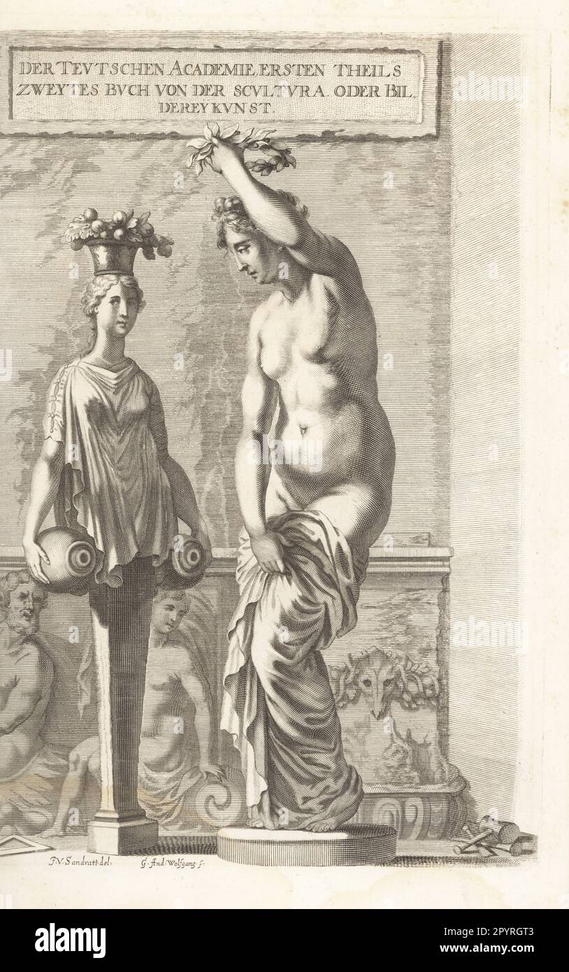 Allegorische Frontispiece mit Personifizierung der Skulptur, eine Figur einer Frau, die sich mit Lorbeeren krönt. Eine Statue einer weiblichen Figur aus Pomona mit einer Schüssel Obst und Wasserurnen. Hammer und Meißel auf dem Boden. Copperplate-Gravur von Georg Andreas Wolfgang nach einer Illustration von Joachim von Sandrart von seiner L’Academia Todesca, della Architectura, Scultura & Pittura, oder Teutsche Academie, der Edlen Bau- Bild- und Mahlerey-Kunste, Deutsche Akademie für Architektur, Skulptur und Gemälde, Jacob von Sandrart, 1675. Stockfoto