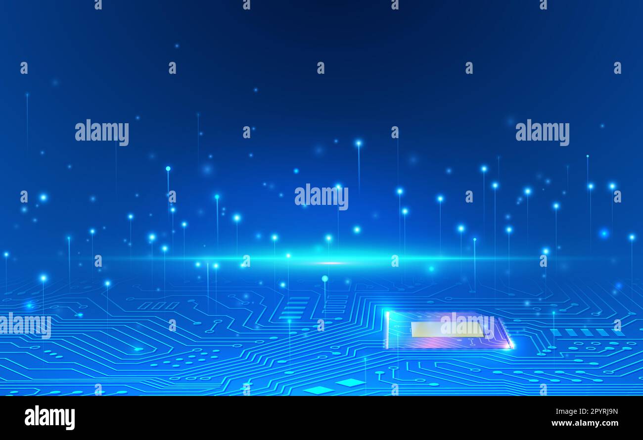 Chipset mit KI-Technologie auf Leiterplatte in futuristischem Farbverlauf blau leuchtender Punkt eleganter Hintergrund Stockfoto