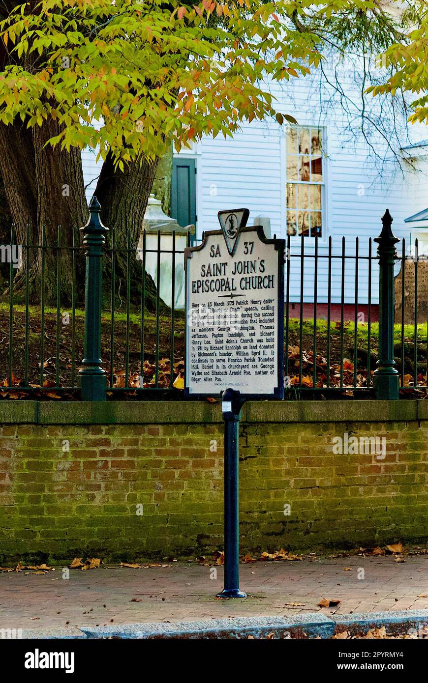 Historisches St. John's Episkopal Church in Richmond, Virginia, ist der Ort, an dem Patrick Henry sein berühmtes „Gib mir Freiheit oder gib mir den Tod!“ Eine Rede. Stockfoto