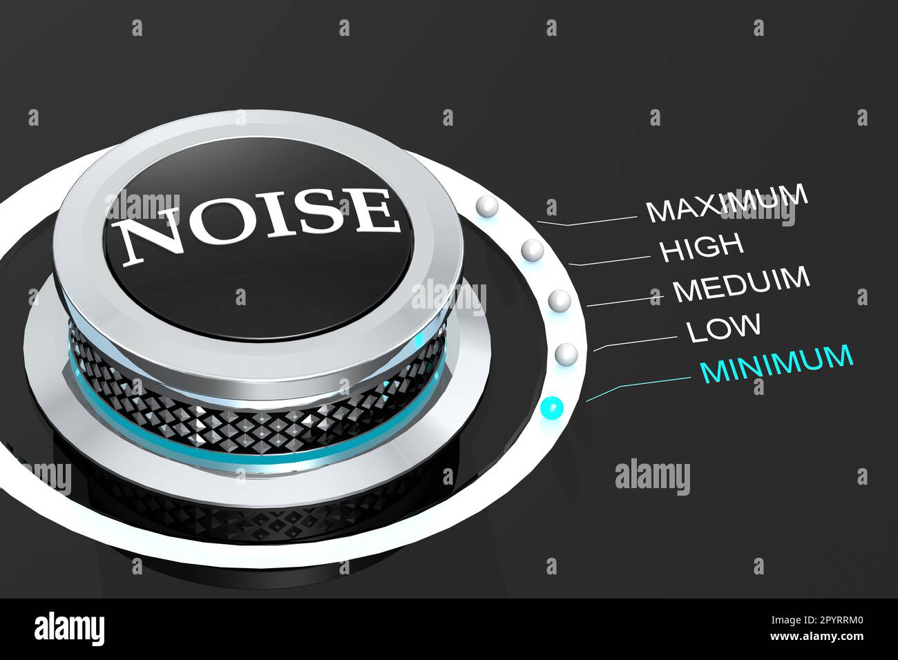 Drehen Sie den Regler auf Minimum für den Geräuschpegel, 3D-Rendering Stockfoto
