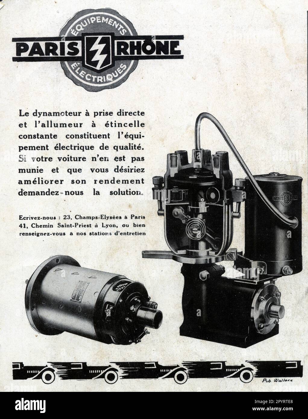 Publicité ancienne ÉQUIPEMENTS ÉLECTRIQUES PARIS RHONE .1929 Stockfoto