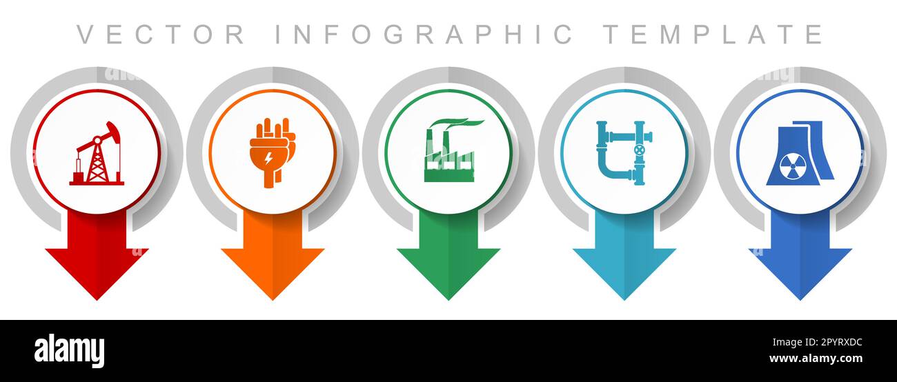 Industrieller Symbolsatz, verschiedene Zeigersymbole wie Ölindustrie, Elektrizität, Fabrik und Kernkraftwerk für webdesign und mobile Anwendungen Stock Vektor