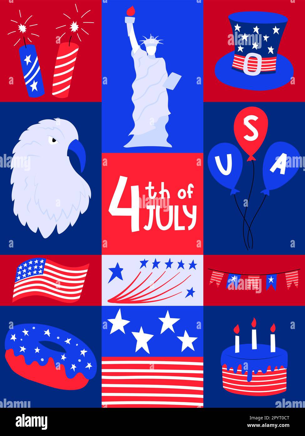 Poster mit nationalen Symblos des Unabhängigkeitstages der USA. Grußkarte für den 4. Juli. Adler, Flagge, Donut, Hut. Patriotische Elemente in rechteckigen Formen Stock Vektor