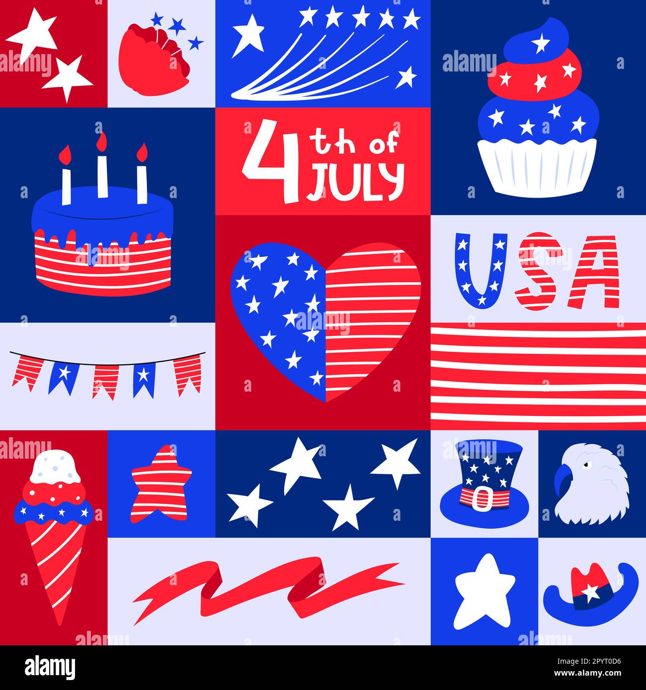 Quadratische Grußkarte mit patriotischen Symblos des Unabhängigkeitstages der USA. Poster für soziale Medien am 4. Juli. Nationale amerikanische Symbole in flacher Cartoon St. Stock Vektor