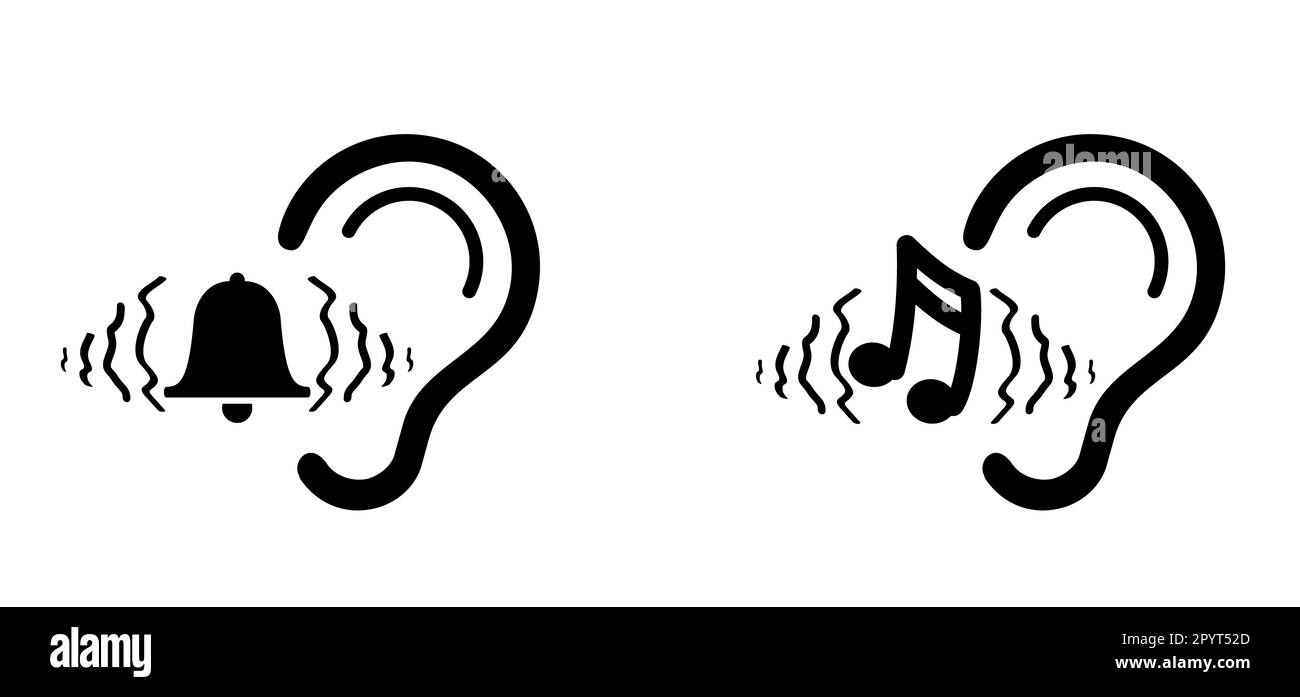 Tinnitusbewusstseinswoche. Klingeln in den Ohren. Menschliches Ohr mit Tinnitus-Symbol. Vektorlinienmuster. Unerträgliches Ohrenklingeln. Der Krankheitsbegriff des he Stockfoto