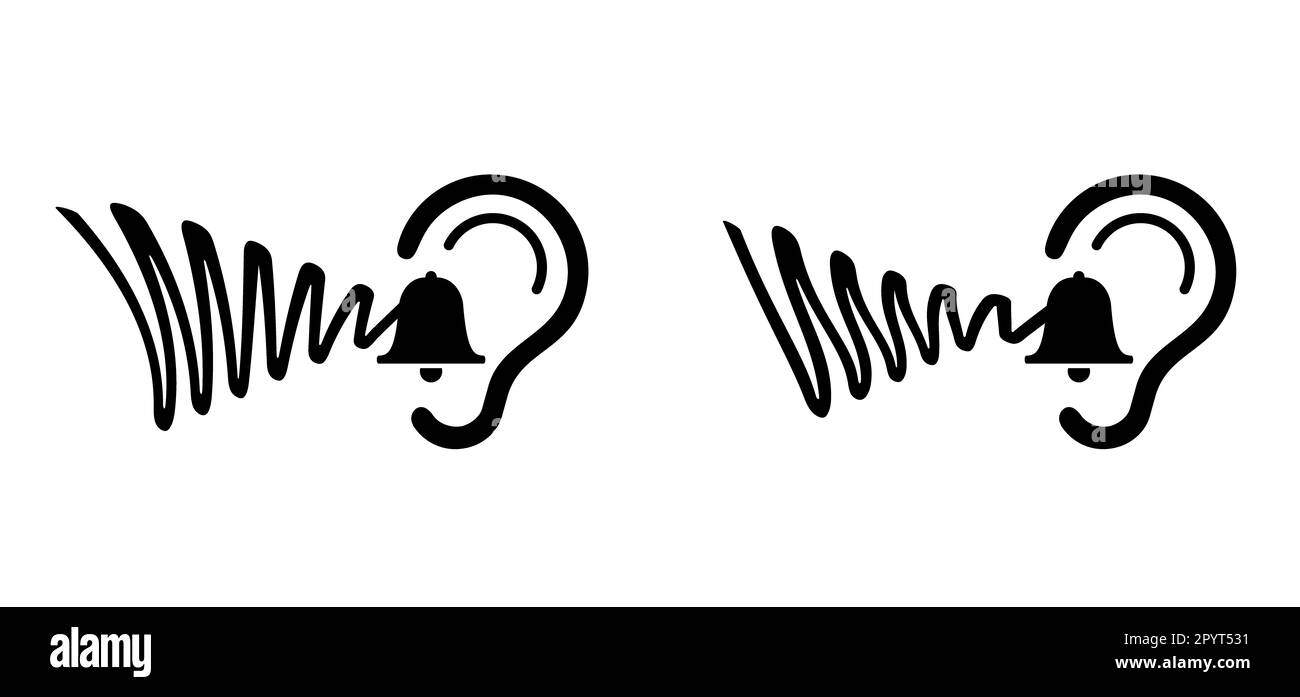 Tinnitus. Klingeln in den Ohren. Menschliches Ohr mit Tinnitus-Symbol. Vektorlinienmuster. Unerträgliches Ohrenklingeln. Begriff der Erkrankungen der Hörorgane o Stockfoto